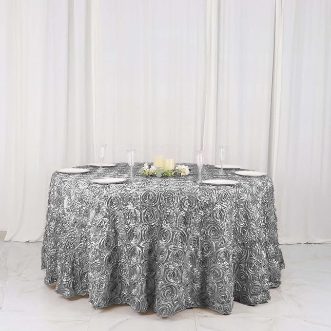 Efavormart 120" Wholesale Round Table Cover Silver Grandiose Rosette 3D Satin Tablecloth for Wedding Party Event Decoration