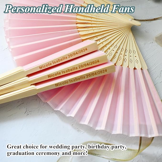 200 Pcs Personalized Pink Wedding Folding Fans for Guests, Custom Engraved Summer Wedding Fans, Folded Hand Fans for Wedding Favors, Vintage Silk Handheld Fans for Bridal Shower Decorations
