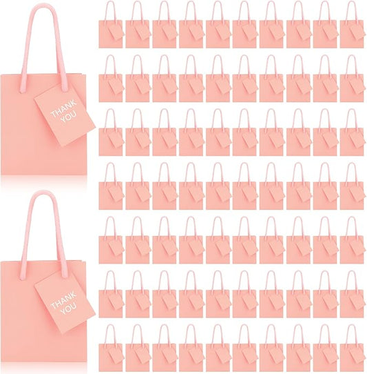 Sherr 100 Pack Mini Gift Bags Bulk, 4 x 2.75 x 4.5 Inches Paper Bags with Tags, Extra Small Paper Gift Boxes with Handles for Birthday, Party Favors, Weddings, Small Business(Pink)