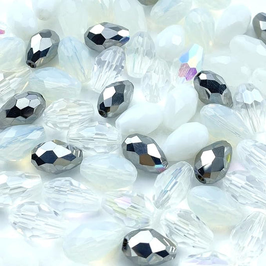 110pcs 6x8mm Teardrop Crystal Glass Beads Vertical Hole Faceted Loose Spacer Beads for DIY Craft Jewelry Making Necklace Bracelet Earring Wind Chimes(White Series)