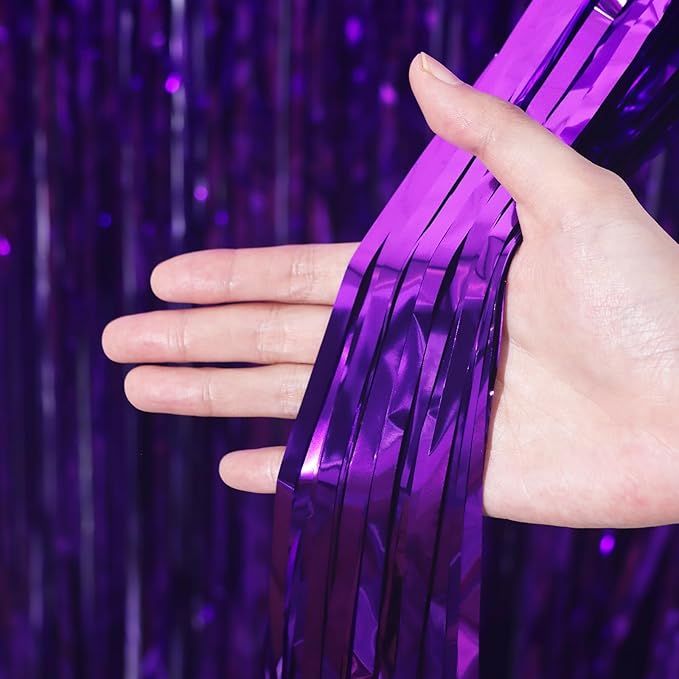 3 Pack 3.3 x 6.6 ft Purple Foil Fringe Backdrop Curtains, Tinsel Streamers Party Decorations, Fringe Backdrop for Birthday, Baby Shower, Gender Reveal, Graduation