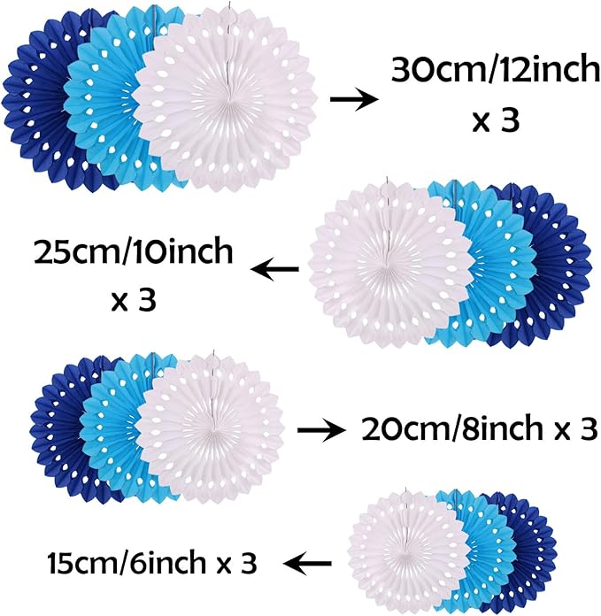 ZOOYOO Hanging Paper Fans Party Decorations,12 Pcs Blue Honeycomb Round Fans,Ceiling Decor for Birthday,Wedding,Baby Shower,Tea Party Backdrop
