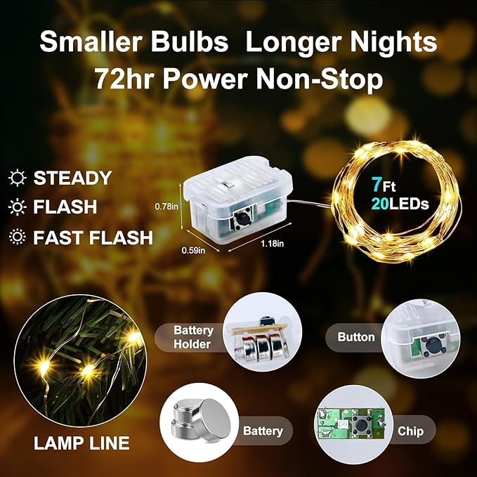 Aogist 24 Pack Fairy Lights 3 Modes 7ft 20 LED Waterproof,Battery Operated Silver Wire Firefly Starry Moon Mini String Lights for Mason Jars Christmas DIY Crafts Wedding Party Bedroom,Warm White