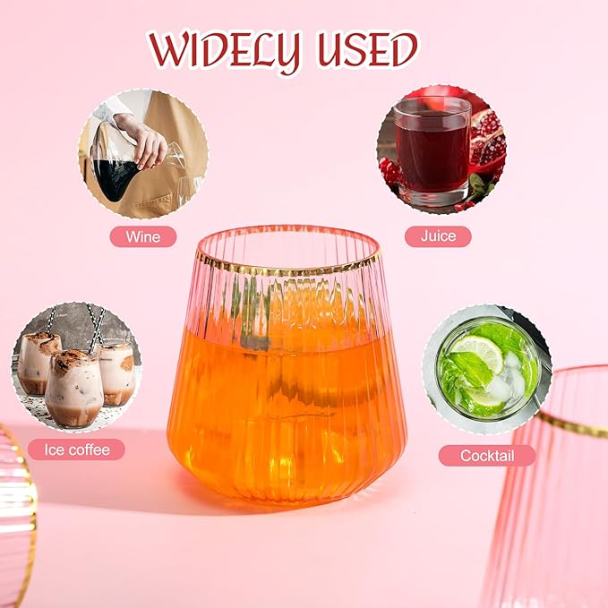 24 Pcs Pink Plastic Wine Glasses Ribbed Disposable Wine Glasses Unbreakable Stemless Champagne Whiskey Cups Ribbed Cocktail Plastic Cups for Wedding Home Office Bar (12 oz,Gold rim)