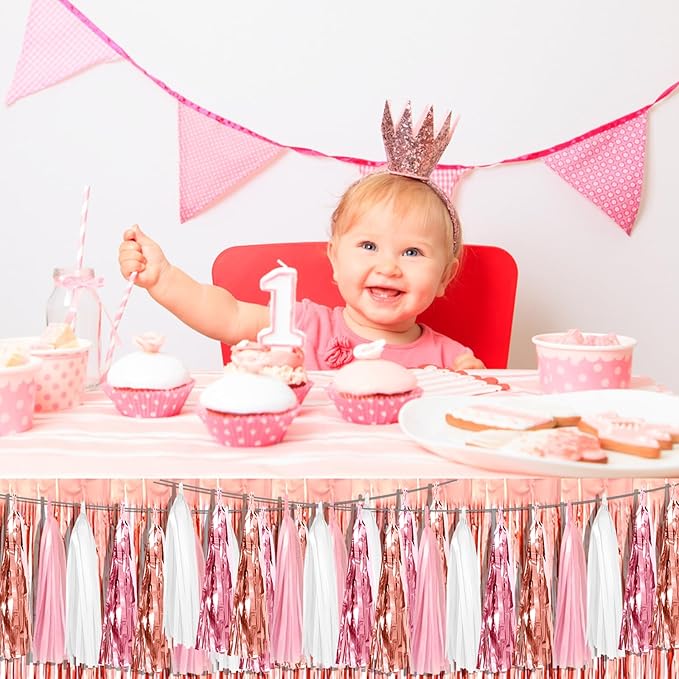 8P Pink White Peach Rose Gold Tassels Foil Fringe Metallic Garland Banner, Tassels Banner Streamers for Parade Floats, Wedding, Birthday, Christmas, Bridal/Baby Shower Graduation Party Decorations