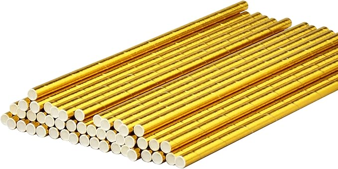 7.75 inch Compostable Gold Paper Straws 100 Counts - for Drinking, Cocktails, Party, Wedding, Decoration