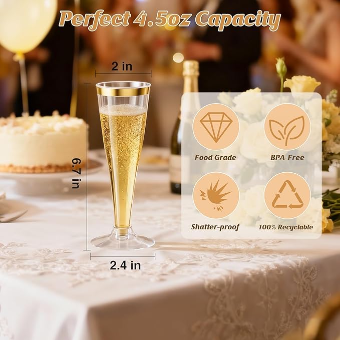100 Pack Champagne Flutes Plastic Wine Glasses Disposable, 4.5 Oz Gold Rim Mimosa Glasses for 2025 Engagement Wedding Birthday New Years Eve Xmas Party Supplies, Bulk Toasting Cocktail Cups