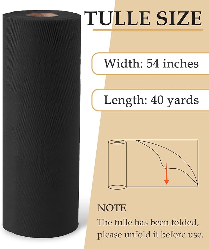 Black Tulle Fabric Roll, 54" x 40 Yards (120FT) Tulle for Halloween Decoration DIY Tutu Party Backdrop Baby Shower Table Skirts Gift Wrapping