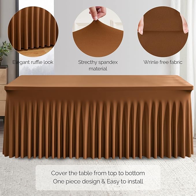 Wish Care 6 Pack Brown Spandex Table Clothes for 6 Foot Rectangle Tables, 6FT Wrinkle Free Fitted Tablecloths Ruffles Design Table Cover for Party, Banquet, Wedding and Events