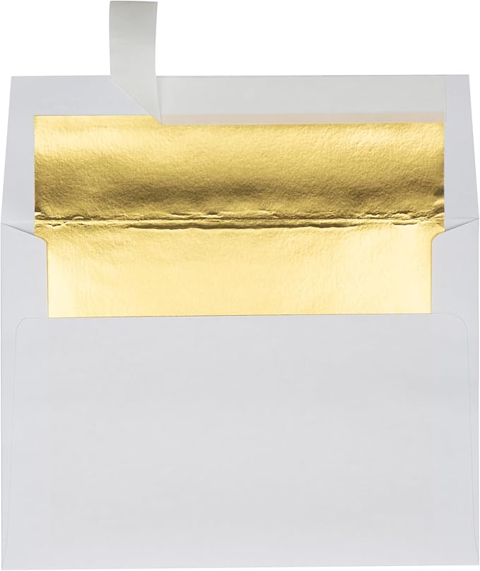 LUXPaper A7 Foil Lined Invitation Envelopes | Peel & Press | 5 1/4" x 7 1/4" | White w/Gold LUX Lining | 60lb. Text | 50 Qty