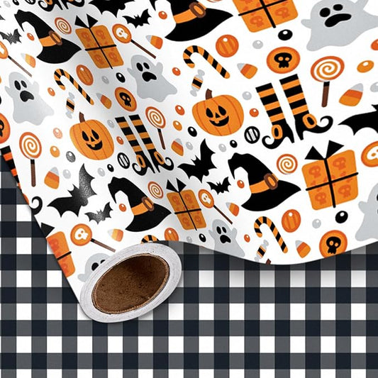 LeZakaa Halloween Wrapping Paper, Cute Pumpkin Witch Bat Candy Print, Buffalo Black White Plaid Reversible Design for Halloween, Nightmare before Christmas Holiday, Party, 17 inches x 32.8 Feet