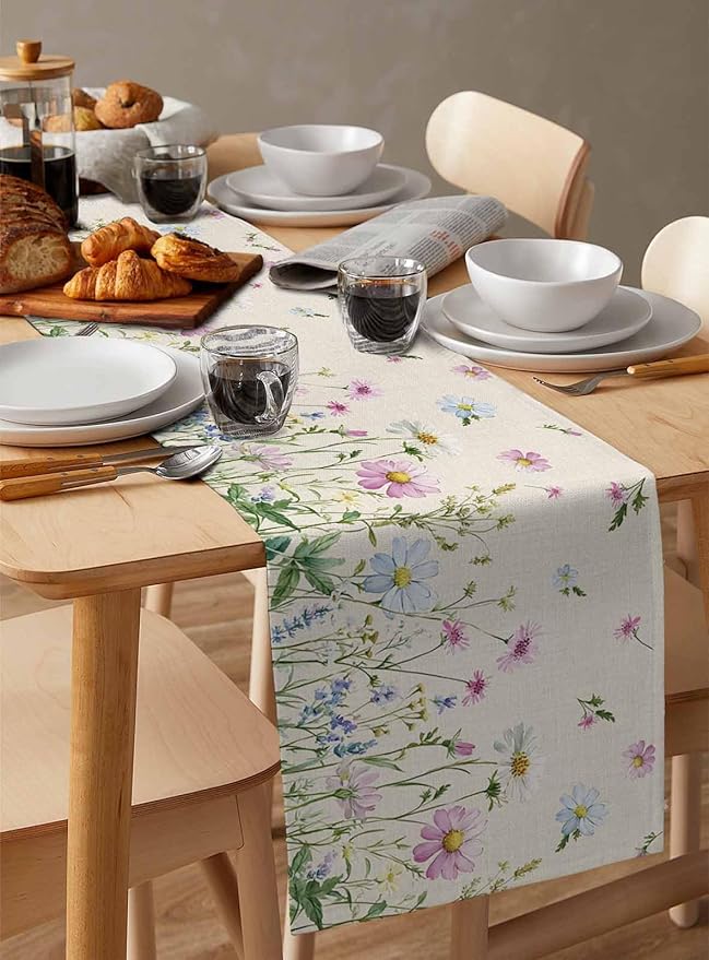 Vintage Wildflowers Cotton Linen Table Runner for Dining Kitchen, Wedding Outdoor Party Tablerunners Decoration, Farm Floral Pink Botanical Plants Dresser Scarf Coffee Tablecloth Runners 13x120 Inches