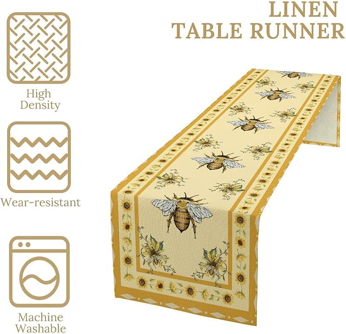 Honey Bee Table Runner, Farmhouse Yellow Sunflower Retro Summer Linen Tables Runners for Kitchen Dining Table Home Party Decor, 13x120inch