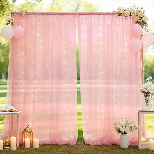 10×10ft Tulle Backdrop Curtains with Lights String - 300LED Fairy Lights Sheer Curtain Backdrop for Weddings Baby Shower and Birthday Party Decorations(2 Panels 5×10ft)
