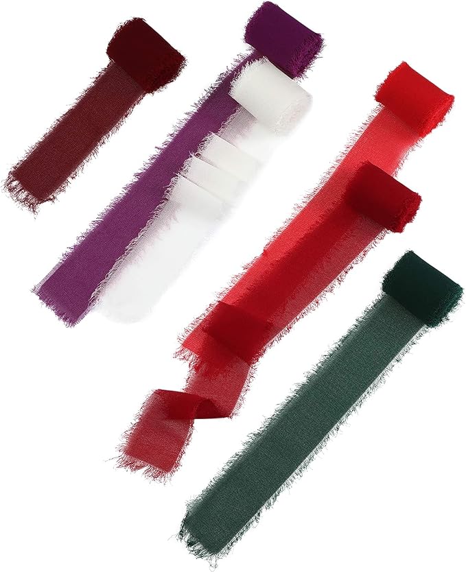 6 Rolls Handmade Fringe Chiffon Silk Ribbon 1.5" x 3 Yd Colorful Ribbon for Wedding Invitations, Bridal Bouquets, Gifts Wrapping, DIY Crafts (Red and Green Set)