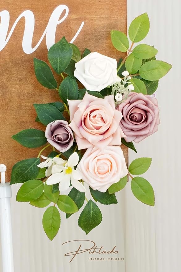 Wedding decor (pack of 2) Welcome Sign Flower Backdrop Garland For Ceremony Reception Wall Easel Home Decoration Entryway Faux Outdoor Board Head Table Decor (Dusty Rose)