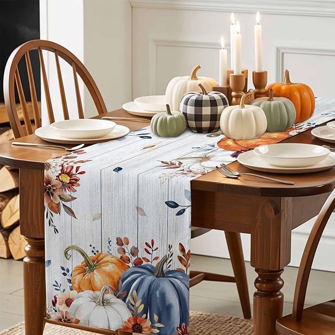 Thanksgiving Fall Cotton Linen Table Runner for Dining Kitchen, Pumpkins Eucalyptus Wedding Outdoor Party Tablerunners Decoration Farmhouse Wooden Dresser Scarf Coffee Tablecloth Runners 13x108 Inches