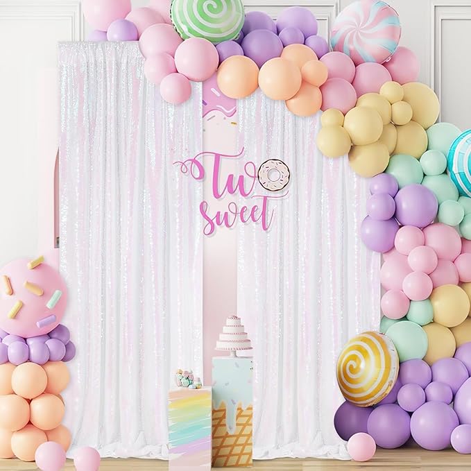 White Iridescent Sequin Backdrop 2 Panels 2FTx8FT Unicorn Backdrop Curtains Glitter Party Backdrop for Girls Birthday Decorations