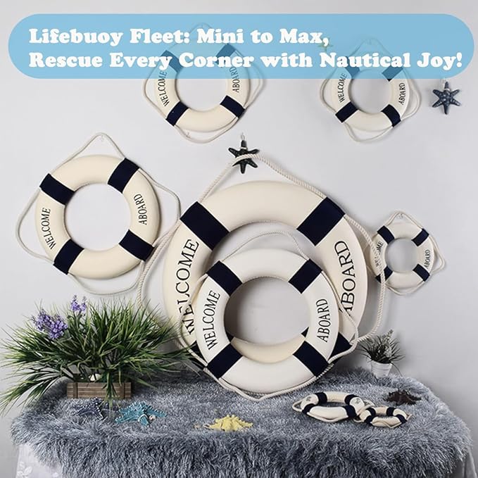 MorroMorn Lifebuoy Wall Hanging Decor - Welcome Aboard Mediterranean Style Home Decoration (Navy, 12")