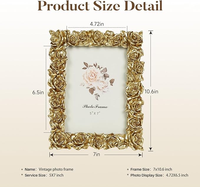 Cuspin Vintage Gold 5x7 Picture Frame, Gold Ornate Rose Flower Resin Photo Frame with Glass Front for Tabletop, Antique Picture Frames Photo Gallery for Home Office Decor
