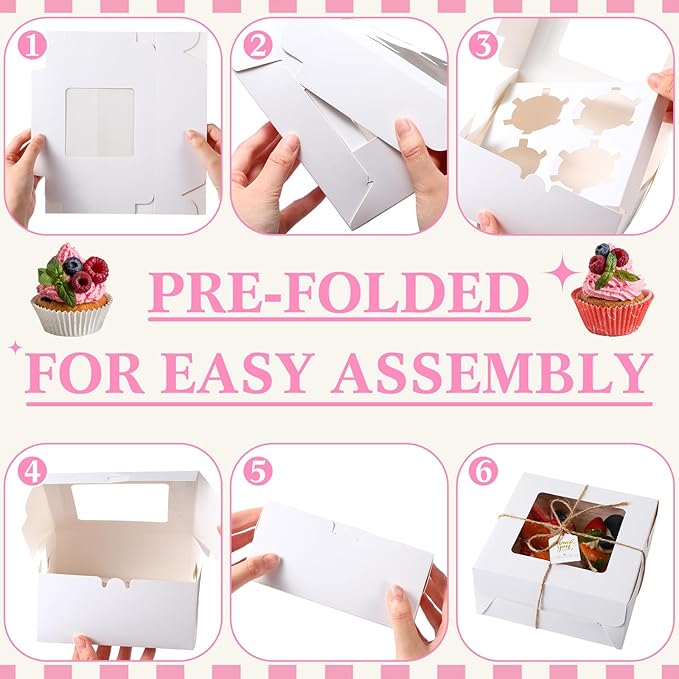36 Pack Cupcake Boxes Hold 4 Count Disposable Cupcake Containers with Window and Cake Carrier with Thanks Card and Jute Rope to Muffins Cupcakes Cookies Gift Wrapping (White)