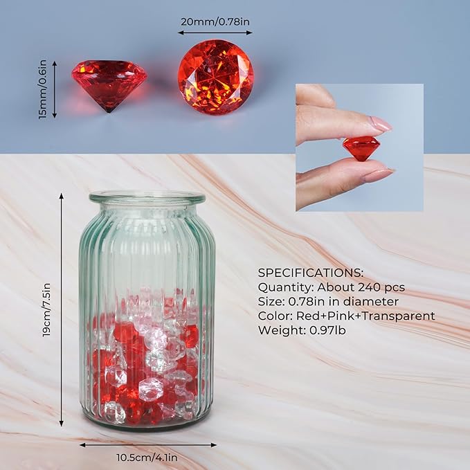 Acrylic Diamond Fake Gems Vase Filler, Babenest 240pcs 3/4 Inch Faux Diamonds Crystals Jewels for Table Scatters Wedding Party Arts & Crafts Birthday Decoration (240, Clear/Pink/Red)