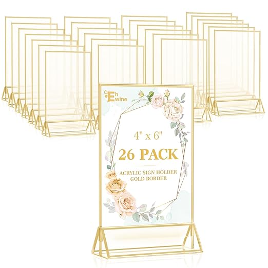 EHWINE 26 Pack 4×6 Clear Acrylic Sign Holder with Gold Borders and Vertical Stand, Double Sided Table Menu Holders Picture Frames for Wedding Table Numbers, Restaurant Signs, Photos and Art Display