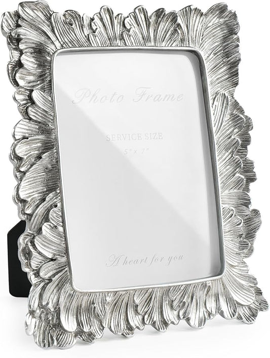 Silver 5x7 Picture Frame, Vintage Silver Palm Leaves Textured Hand-Crafted Resin with Glass Front Elegant Retro Vintage Rustic Design Photo Frame for Wall and Tabletop Display Home Decor