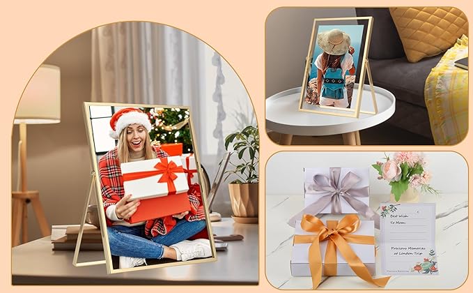 Gold 6x8''Floating Frame Set of 2,For Photo Sizes (3.5x5''4x6''5x7''),Metal Frames for Tabletop/Shelf Display,Classy Gift Choice for Wedding,Birthady,Home or Office Decor