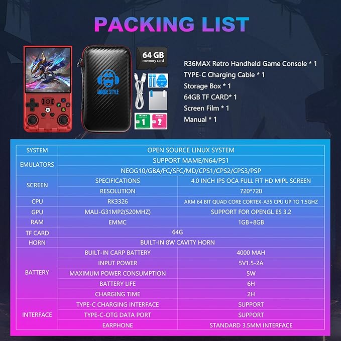 R36MAX Retro Handheld Game Console, 4.0 Inch 720x720 IPS Screen, Built-in 18,000+ Classic Game, Portable Hand Held Open Source Linux System, 4000mAh Battery Retro Gaming Console (Red 64GB)