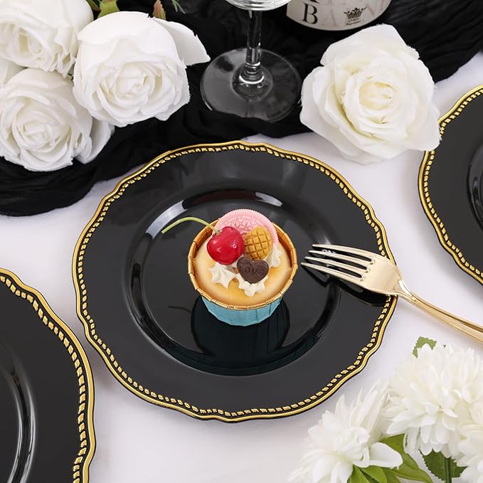 Hioasis 60pcs Balck Plastic Plates - Black and Gold Disposable Dinnerware with Gold Rim, Heavy-duty, 10.25 inch, Dinner Plates for Party & Wedding