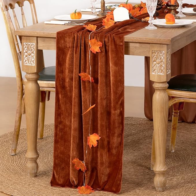 MLMC Terracotta Fall Thanksgiving Table Runner 10ft Luxury Rust Burnt Orange Velvet Table Runner Elegant Home Decor 20x120 Inches for Wedding Bridal Shower Birthday Party Home Decor