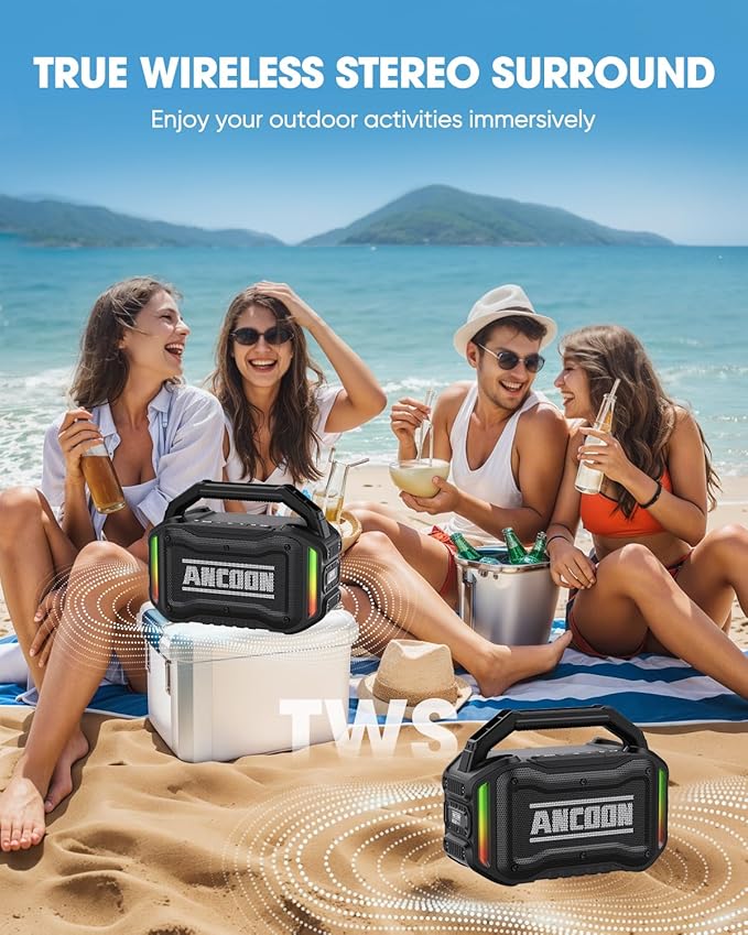 Speakers Bluetooth Wireless: 80W(Peak) Loud Speaker with Bass, 20H Playtime, IPX6 Waterproof, Large Jobsite Speakers for Work, Outdoor, Workshop, Garage, Portable Speaker with TWS (Black)