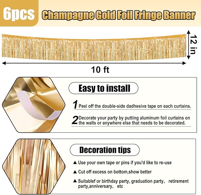 6 Pack 10 Feet Champagne Gold Foil Fringe Garland Metallic Tinsel Streamers Banner Wall Hanging Curtain Backdrop for Parade Floats, Birthday, Graduate, Mother's Day, Wedding Party Decoration