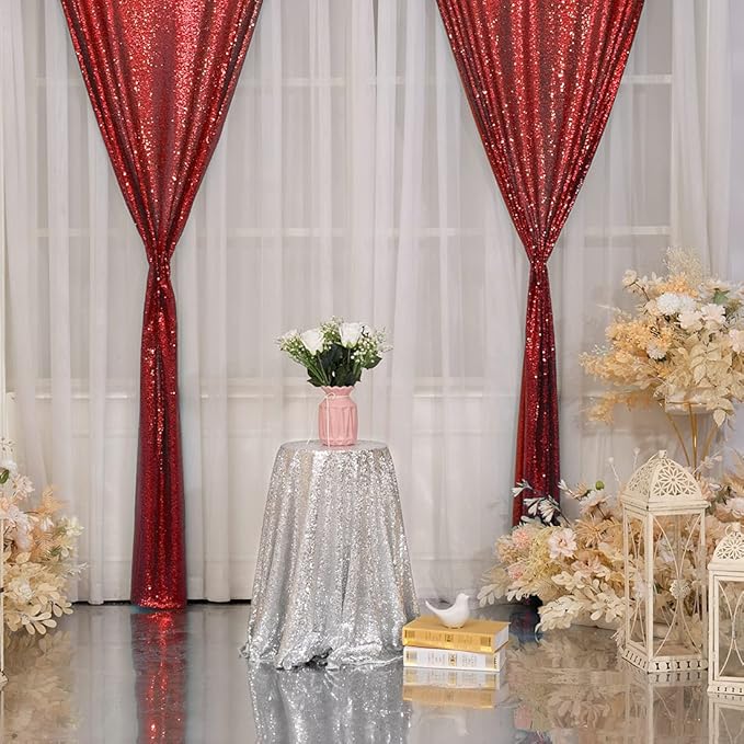 SquarePie Sequin Curtain Backdrop 2FT x 8FT Red 2pcs Background for Wedding Party Christmas