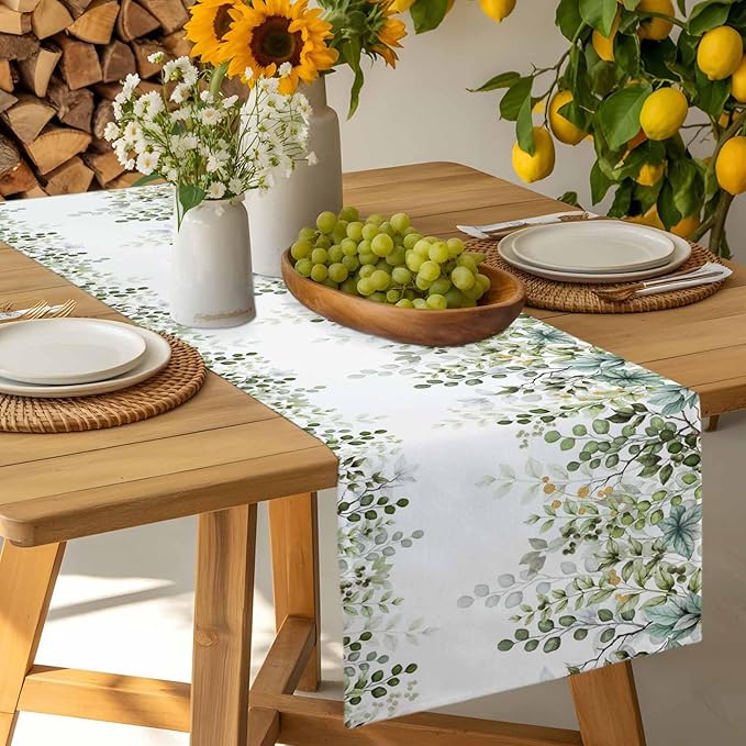 Sage Green Eucalyptus Cotton Linen Table Runner for Dining Kitchen, Farmhouse Leaves Wedding Outdoor Party Tablerunners Decoration Botanical Floral Dresser Scarf Coffee Tablecloth Runners 13x48 Inches