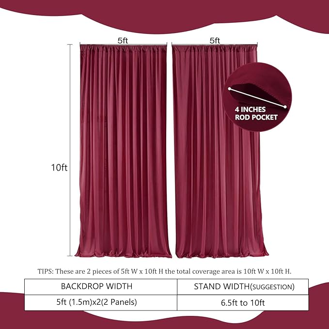 2 Panels Burgundy Backdrop Curtain, 10 x 10 Feet Satin Background Curtains for Parties, Weddings, Baby Showers, Halloween, Christmas Birthday Party Photoshoot Backdrop Curtains Decorations