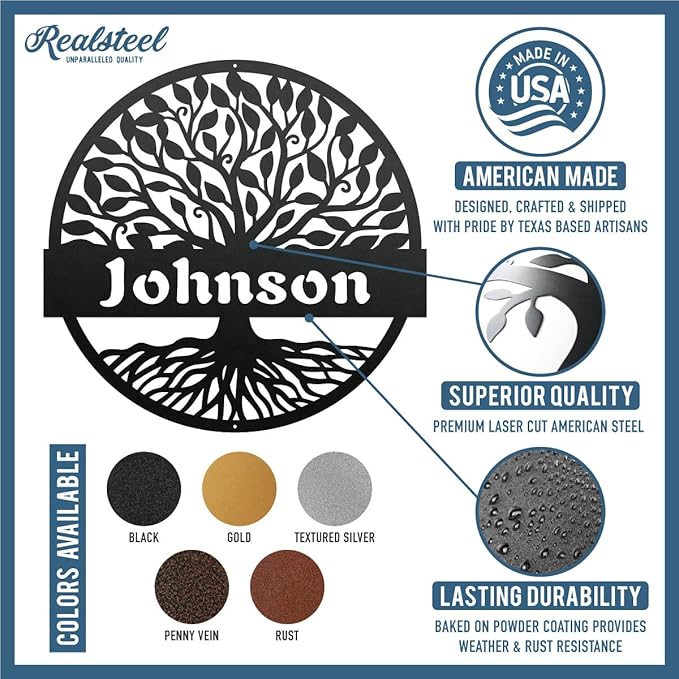 RealSteel Personalized Metal Wall Art - Custom Tree of Life Design with Family Name - Circular Metal Sign - Personalized Wedding, Anniversary, or Housewarming Gift - Black, 30"