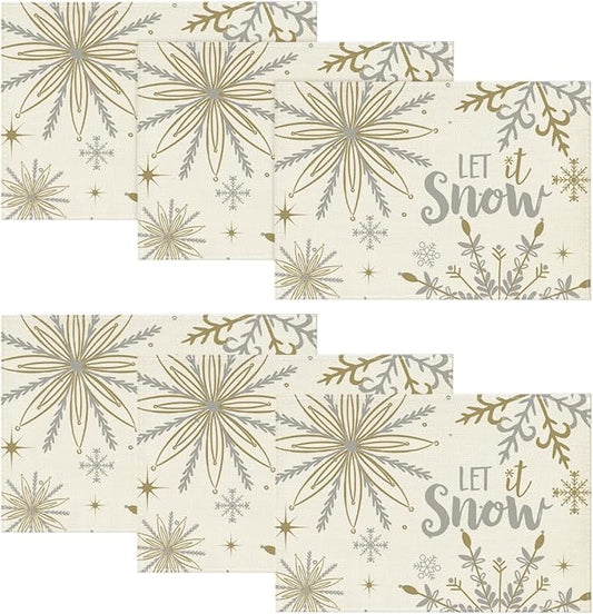 Artoid Mode Beige Snowflake Let It Snow Winter Placemats Set of 6, 12x18 Inch Seasonal Christmas Table Mats for Party Kitchen Dining Decoration