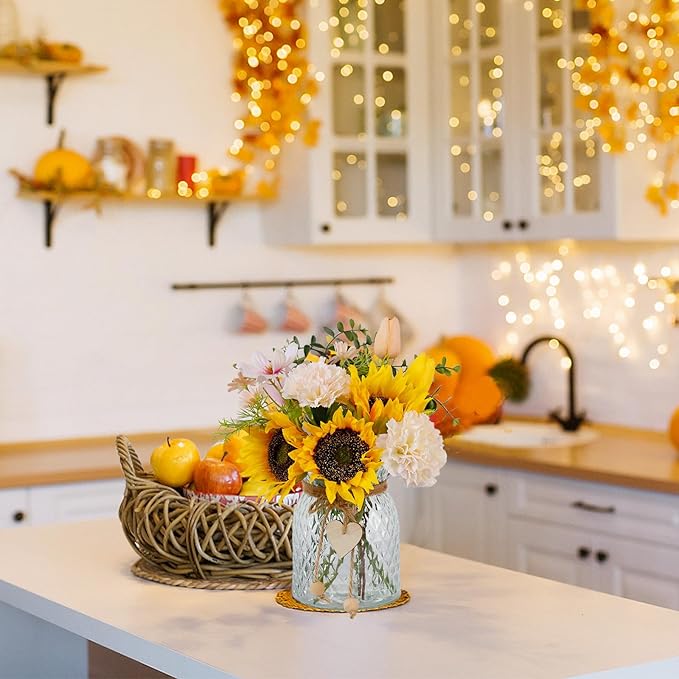 Fake Flowers in Vase,Artificial Sunflower Bouquets in Vase with a Flower Arrangement Holder,Table Centerpieces for Dining Room,Flower Centerpieces for Tables,Faux Flowers