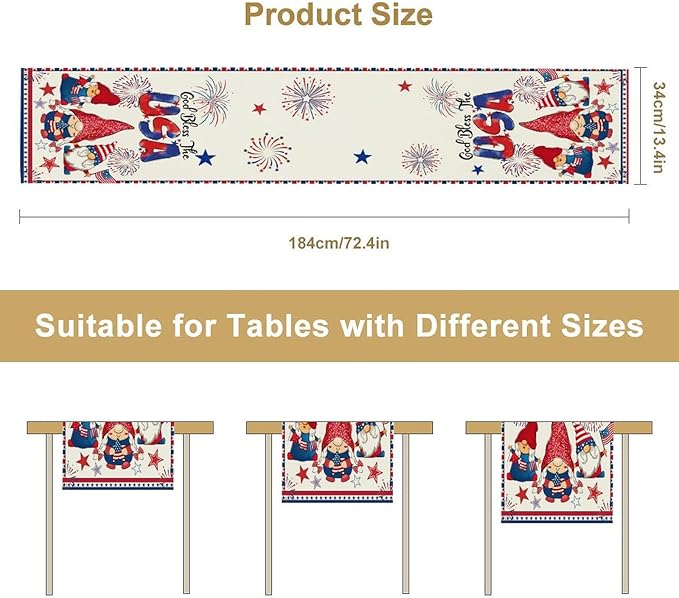 Cute Patriotic Gnomes Table Runner, American Independence Day 4th of July Gnome Blue Red Fireworks Confetti Print Table Runner for Home Kitchen Dining Table Party Decor, 13x36inch