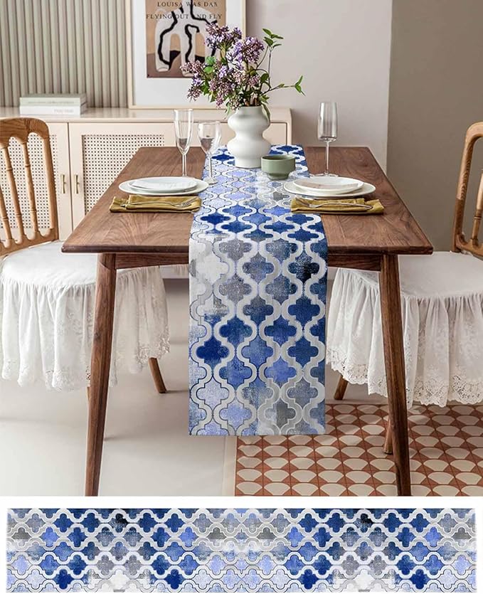 Blue Morocco Plaid Cotton Linen Table Runner for Dining Kitchen, Wedding Outdoor Party Tablerunners Decoration, Distressed Abstract Painted Vintage Dresser Scarf Coffee Tablecloth Runners 13x72 Inches