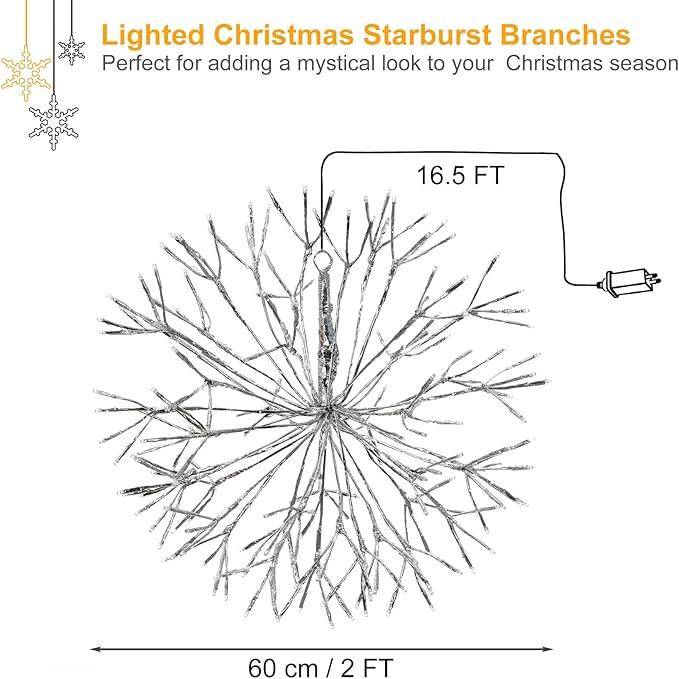 Christmas led Sparkle Ball Hanging Outdoor décorations -Haning Twig Ball,Snowflake Ornament Lights Indoor Outdoor Festive Holiday Décor 24Inch (Cool White)