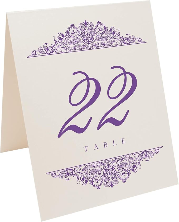 Paisley Wedding Table Numbers (Select Color/Quantity), Champagne, Purple, 1-100, Double Sided, Tent or Use in a Stand, Great for Parties & Restaurants - Made in the USA