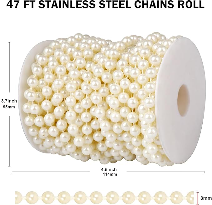 47 FT Pearl Beads Garland for Decoration, 8MM Craft Pearl Beads String Spool Ivory Color Faux Pearl Strand Roll for DIY Craft Wedding Party Christmas Tree Decoration