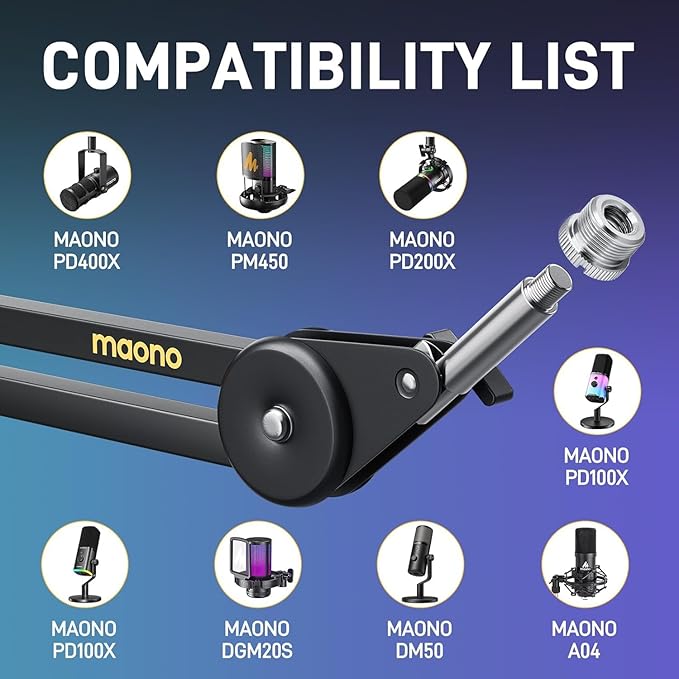 MAONO Microphone Boom Arm: Heavy Duty Adjustable Metal Suspension mic stand with Upgraded Desk Clamp and 3/8" to 5/8" Screw Adapter for Podcasting Recording Streaming Gaming - BA37