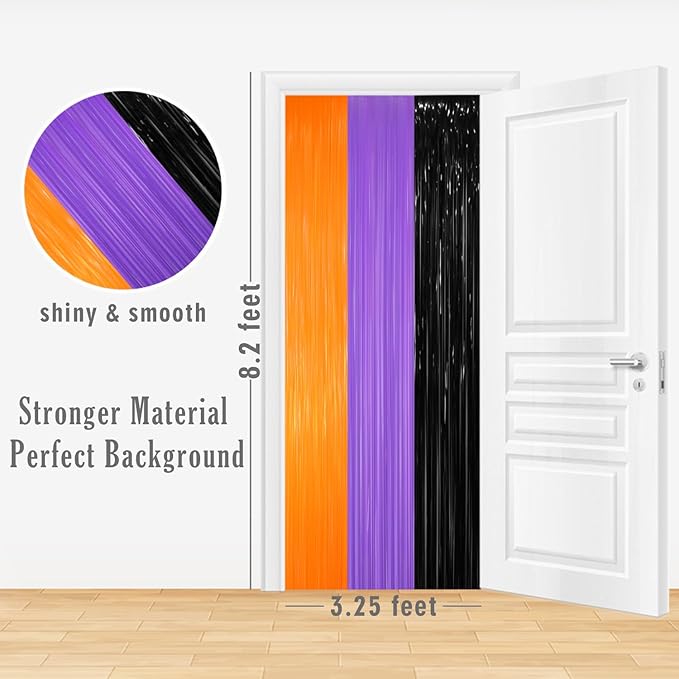 GOER 6.4 ft x 8.2 ft Metallic Tinsel Foil Fringe Party Backdrop for Halloween Birthday Graduation New Year's Party Decorations(2 Packs,Black&Orange&Purple)