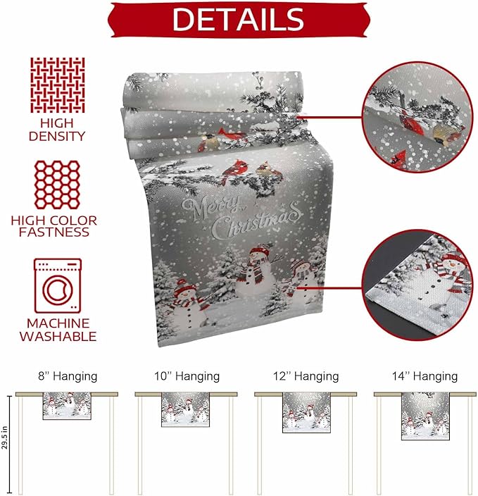 Christmas Snowman Cotton Linen Table Runner for Dining Kitchen, Snowflakes Xmas Pine Tree Wedding Outdoor Party Tablerunner Decoration Winter Bird Dresser Scarf Coffee Tablecloth Runners 13x60 Inches