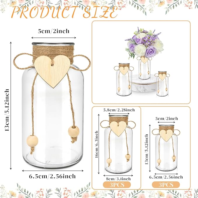 Vintage Glass Vases for Flowers, Set of 3 Mason Jar Vase Table Centerpieces for Farmhouse Room Decor, Wedding, Bridal Shower Bud Vase Set (Small)
