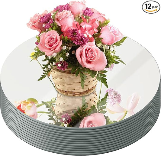 JAMBALAY 12" Round Mirror Centerpieces for Tables, Set of 12 Glass Mirror Table Centerpieces, Circle Glass Mirror Trays, Mirror Candle Plates for Wedding Decorations and Party